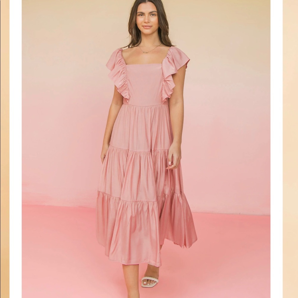 Ruffled spring/summer soft pink midi dress with tiered skirt and open back